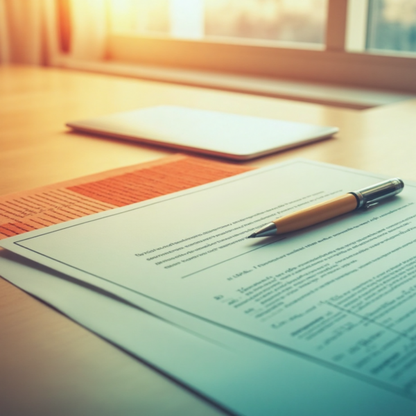 Документы и ручка на столе у окна, подготовка к подписанию