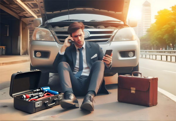 Мужчина в костюме сидит у сломанной машины и звонит по телефону